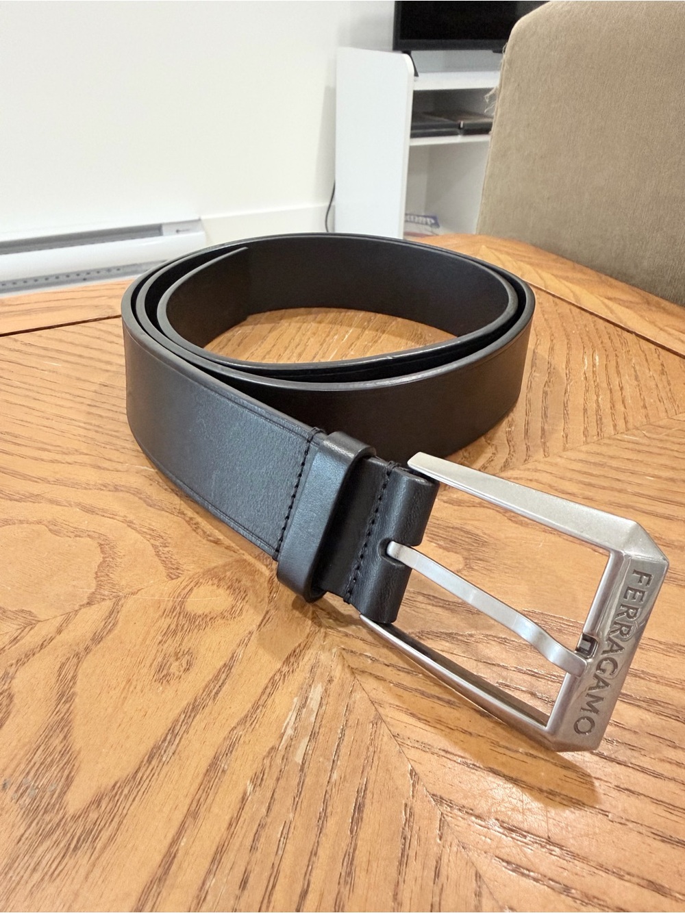 Salvatore Ferragamo Black Leather Belt with Silver Logo Buckle